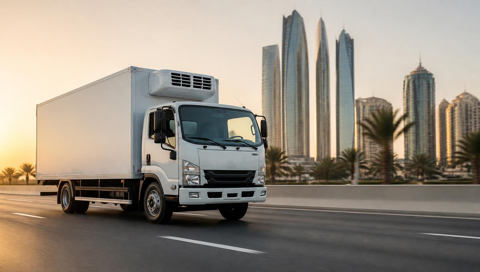 ADAS refrigerated truck on an Abu Dhabi highway at sunset